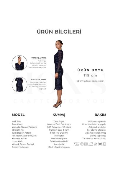 HOX'S Grace | Payetli Uzun Kollu Midi Kalem Abiye Elbise Kruvaze Yaka Önden Yırtmaçlı - Lacivert