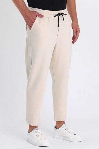 COMBİNE MİCHAİL Pantaloni de jogger pentru bărbați cu model otoman - CREAM cu bumbac, talie elastică și șnur