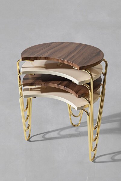 Veys Sehpa 4 Lü Gold Dolunay Zigon Sehpa - Krem - Ceviz