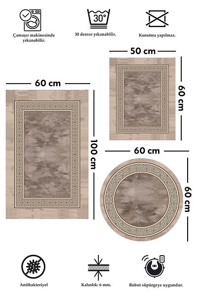 ALAADDİN CARPET Baza anti-alunecare rezistenta la pete Lavabila 3 piese (60x100) 2 (50x60) Covor de baie Covor de baie Set scaun de toaleta