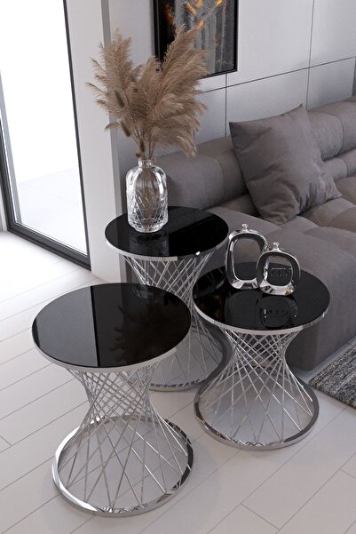 Nies Aksesuar Hasır Telli Pota 3'lü Sehpa Gümüş Ayak Füme Ayna