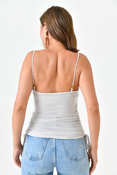 lovebox Sandy Fabric Beige Blouse - Pearl Strap, Drawstring Design 10436