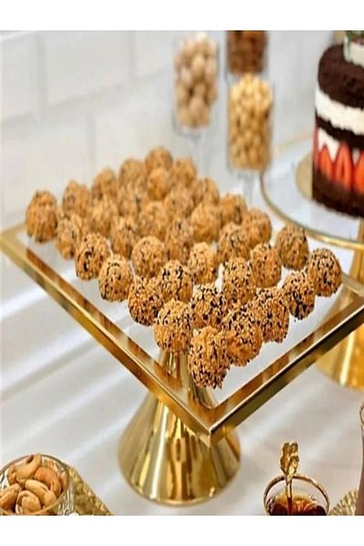 evvehediyelikesya Rectangular Footed Cake and Pastry Stand with Gold Rim, Footed Cake Presentation 37cm