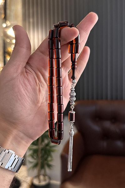 dergah tesbih Silver Colored Ottoman Model Clamping Amber Design