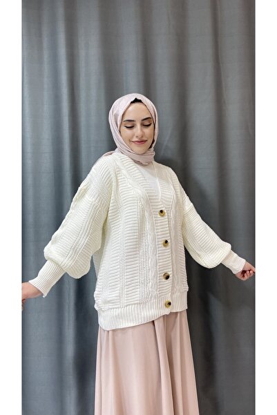 Papatya Giyim İzmit Γυναικεία χειμωνιάτικη πλεκτή κοντή πλεκτή ζακέτα - εκρού