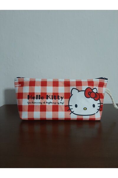 owl bag Hello Kity ekose damalı desenli tasarım kalemlik - makyaj çantası
