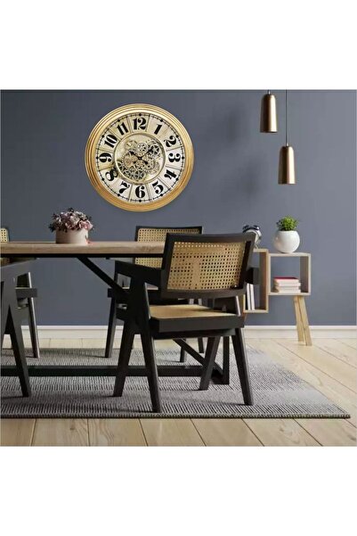 M3DECORİUM Dev Büyük 80cm Hareketli Çarklı Mekanizmalı Mekanik Salon Yemek Oturma Odası Resepsiyon Duvar Saati