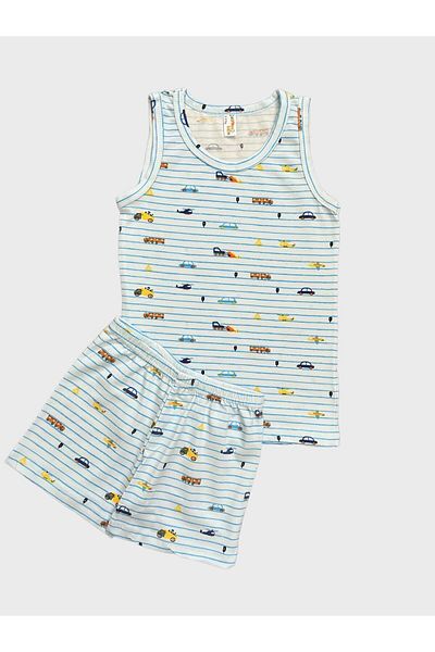 elmas kids Set de tricou din bumbac cu dungi albastre pentru băiat - cu model de mașină