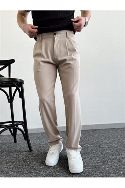 ketench Men's Pleated Baggy Elastic Waist Fabric Trousers-Beige(E1010)