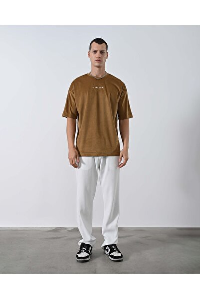 A&O Style Ανδρικό καφέ Oversize Freedom κεντημένο καλοκαιρινό κοντομάνικο βελούδινο μπλουζάκι