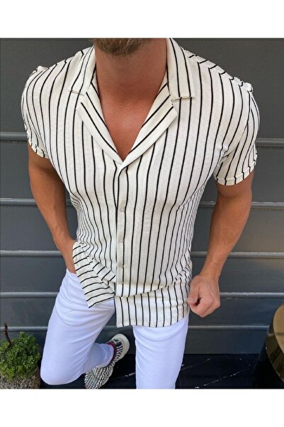 MARRAKECH Ανδρικό καλοκαιρινό κοντομάνικο πουκάμισο με ριγέ βαμβακερό γιακά