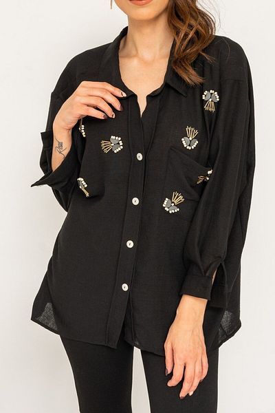 Suzi butik Cămașă oversize cu umăr dezactivat brodat pentru femei