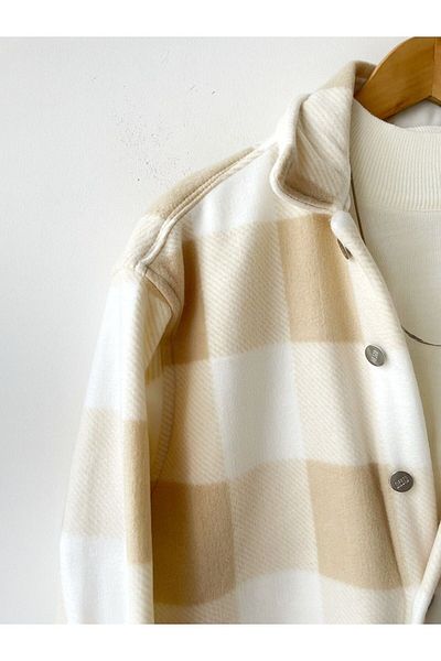 A&O Style Beige Checkered Oversize Winter Thick Fleece Shirt