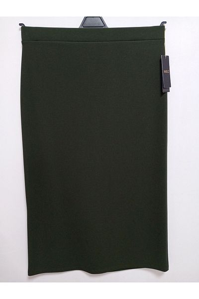 AKŞEN GİYİM Large Size Transverse Neck Lycra Elastic Waist Scuba Crepe Fabric Detailed Long Khaki Green Skirt