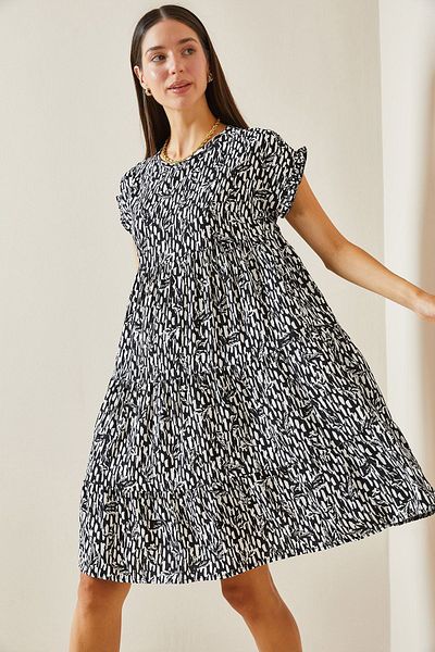 XHAN Black Patterned Crew Neck Robe Mini Dress 5Yxk6-48873-02