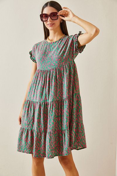 XHAN Green Patterned Crew Neck Robe Mini Dress 5Yxk6-48873-08