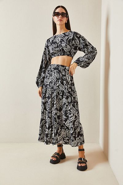 XHAN Black Patterned Loose Crop Double Suit 5Yxk8-48886-02