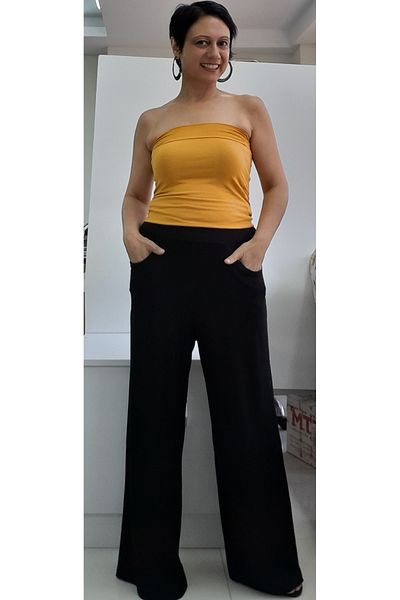 Mertcan Butik Summer Black Viscose Trousers - Elastic Waist, Pockets and Lightweight Loose Leg