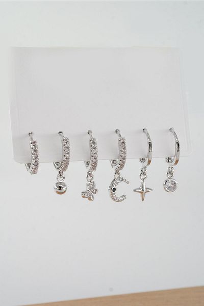 By Zeyna Aksesuar Vip Series Zircon Stone - Mixed Figured 6-Piece Women's Earrings