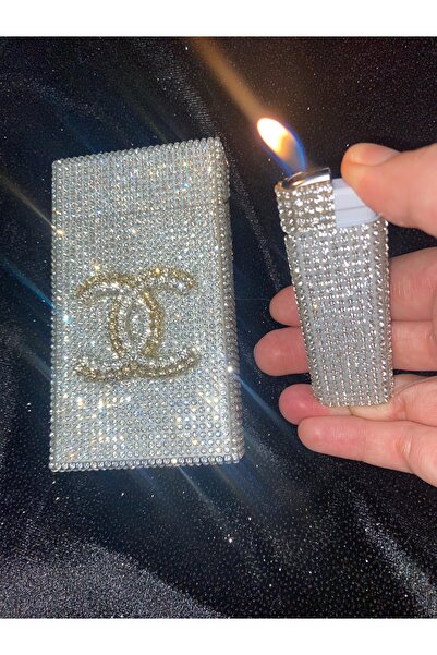 Lüks Taş Taşlı Sigara Kutusu ve çakmak (UZUN SLİM)