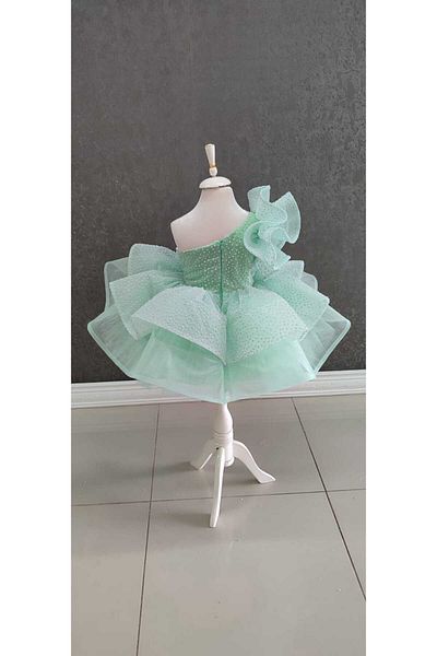 NGS STİL Spotted Tulle Covered One Shoulder Rose Sleeve Dress
