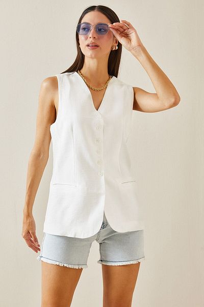 XHAN White Buttoned & Pocket Midi Vest 5Yxk4-48883-01