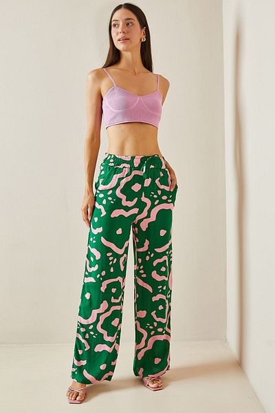 XHAN Green Patterned - Wide Leg Trousers with Elastic Waist and Pockets 5Yxk5-48867-08