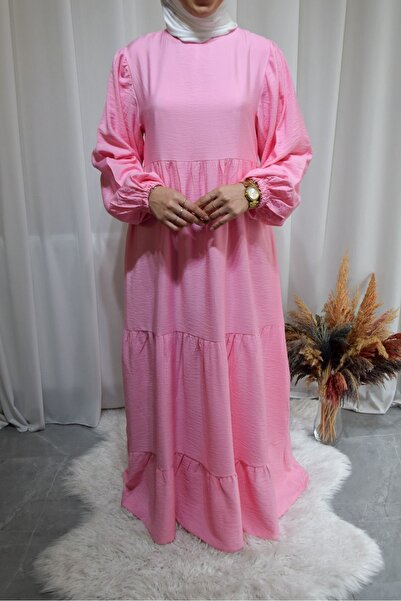 afife Model Atiye Keten Aerobin Kolları Lastikli Kat Kat Tesettür Elbise - To...