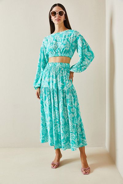 XHAN Water Green Patterned Casual Crop Double Suit 5Yxk8-48886-38