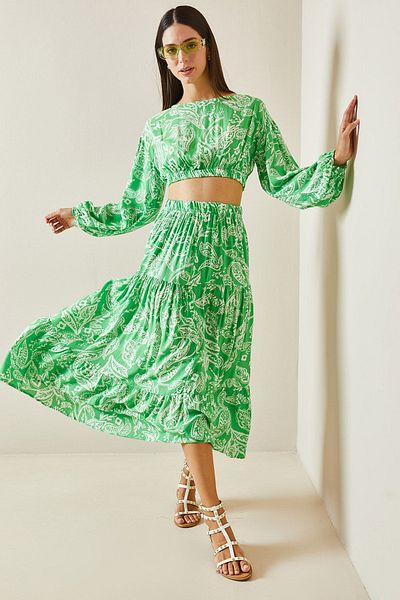 XHAN Green Patterned Casual Crop Double Suit 5Yxk8-48886-08