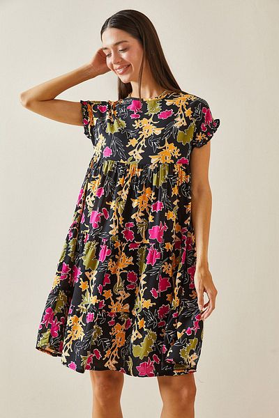 XHAN Black Floral Print Crew Neck Robe Mini Dress 5Yxk6-48872-02