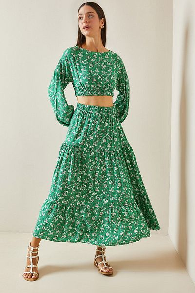 XHAN Green Floral Patterned Crop Double Suit 5Yxk8-48865-08