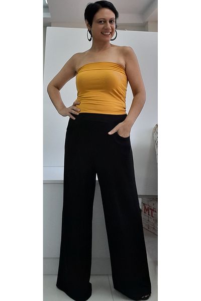 Mertcan Butik Summer Black Viscose Trousers - Elastic Waist, Pockets and Lightweight Loose Leg