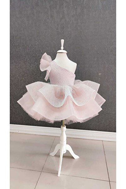 NGS STİL Benekli Tül Kaplama Tek Omuz Gül Kol Elbise