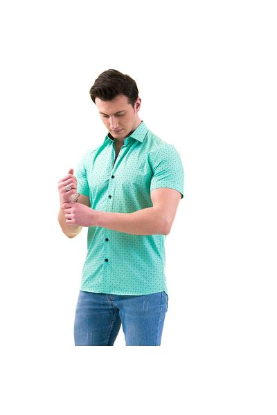 Exve Exclusive Navy Blue Pattern Printed on Turquoise Slim Fit Short Sleeve Cotton Shirt