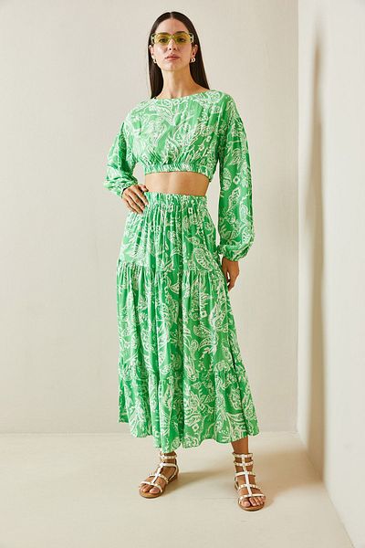 XHAN Green Patterned Casual Crop Double Suit 5Yxk8-48886-08