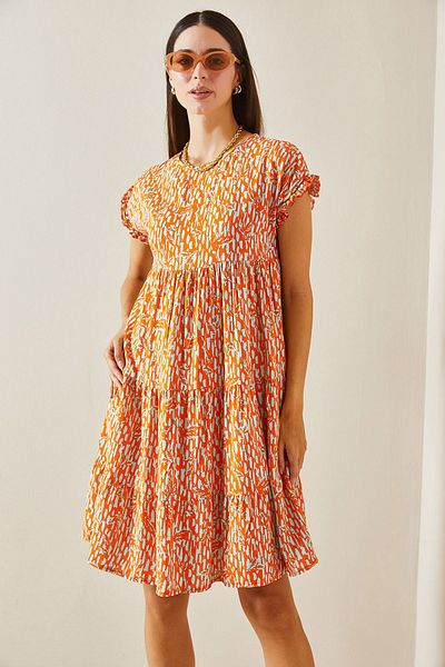 XHAN Orange Patterned Crew Neck Robe Mini Dress 5Yxk6-48873-11