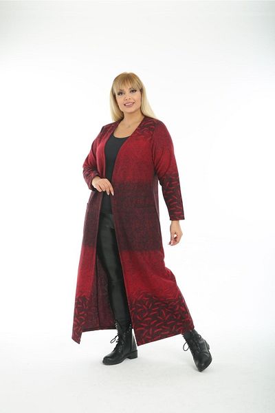 ElisaOtantik Women's Large Size Jacquard Claret Red Long Cardigan