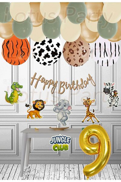 LOTUS PARTY Σετ Jungle Club - Σετ γενεθλίων με θέμα Safari με στάμπα Safari Banner Safari με στάμπα μπαλόνι Ηλικία 9