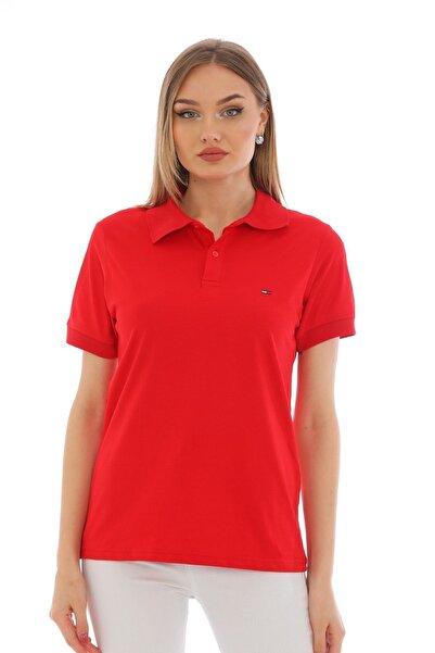 WAPP Women's Red Cotton Lycra Polo Collar Short Sleeve Embroidered T-Shirt