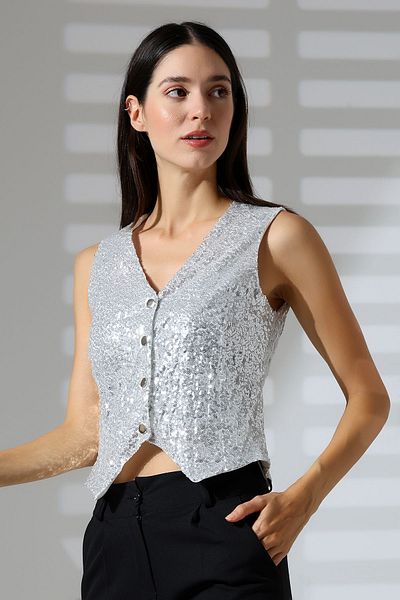 Mois Atelier V-Neck White Sequined Vest - Gift, Large Size