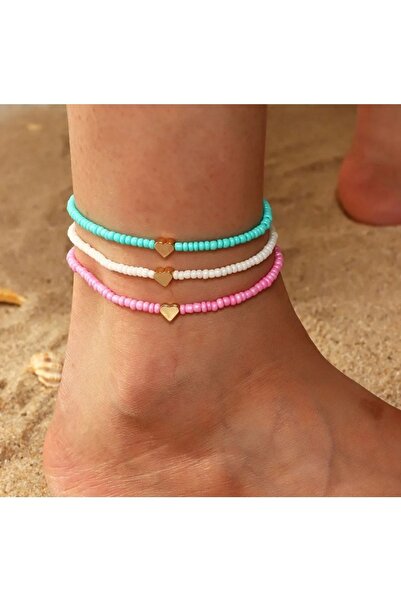 monalisatoka Kadın 3'lü Boncuk Gold Kalp Halhal Seti