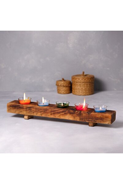 TVT Ahşap 5'li Sütun Mumluk | Doğal Ahşap Dekoratif Şamdan Seti