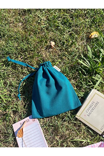 Sumicorn Design Soft Petrol Mavisi Ekolojik Bez Kese,Keten Büzgülü İpli Düzenleyici Kese,Makyaj Seyahat Çantası