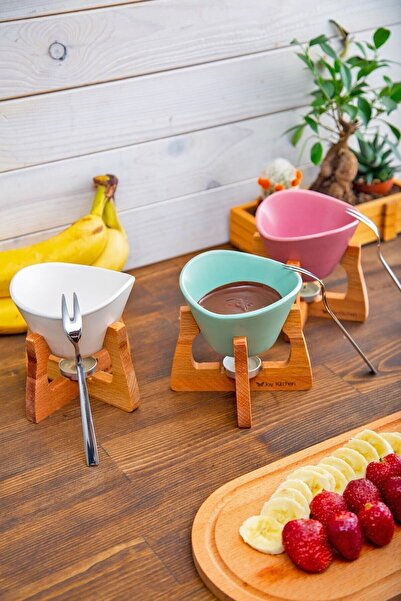 melik's 3 Renk Fondü Seti - Ahşap Standlı Kafe Tipi Fondü Takımı Aile Seti Ye...