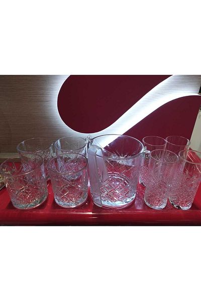 Paşabahçe Timeless Raki Soft Drink Glass Set, Whiskey Glass and Ice Bucket Set 9 Pieces