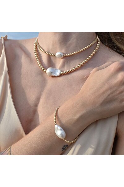 babel Gerçek Barok İnci Detaylı Altın Kaplama Dorika Kadın Kolye