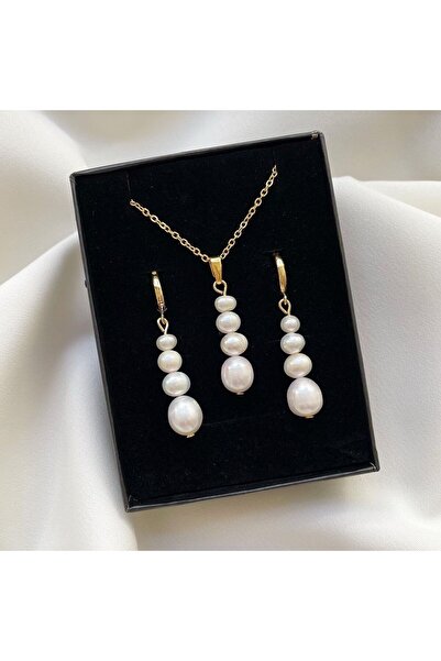 dalya Dörtlü Gerçek İnci Kolye/ Çelik Küpe Set/Takım