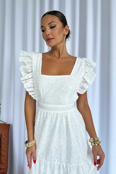 Mine Tan Butik Rochie de damă cu dantelă cu guler pătrat alb