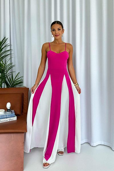 Mine Tan Butik Φούξια Φόρεμα Καμπάνα - Σχέδιο Κρεμαστό Σχοινί